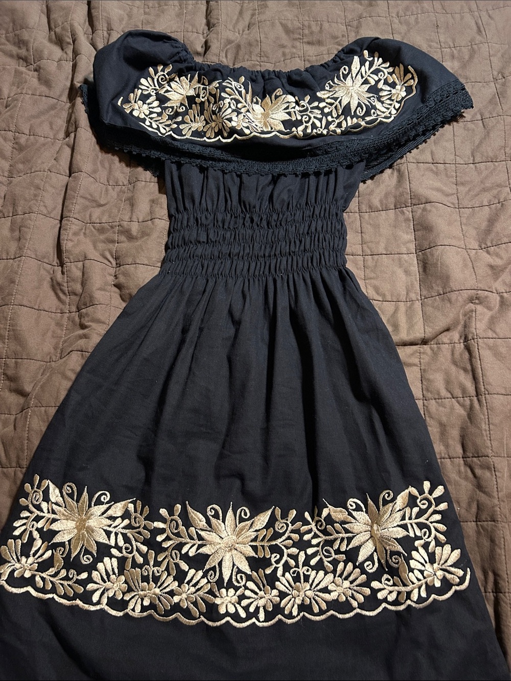 Black Off-Shoulder Embroidered Midi Dress with Gold Floral Detail
